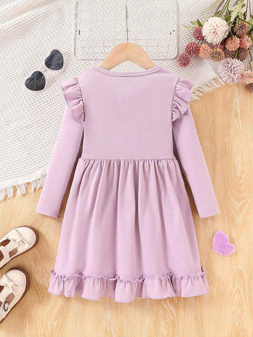 Young Girl Casual Slogan Print Bow Decor Long Sleeve Fleece Round Neck Dress