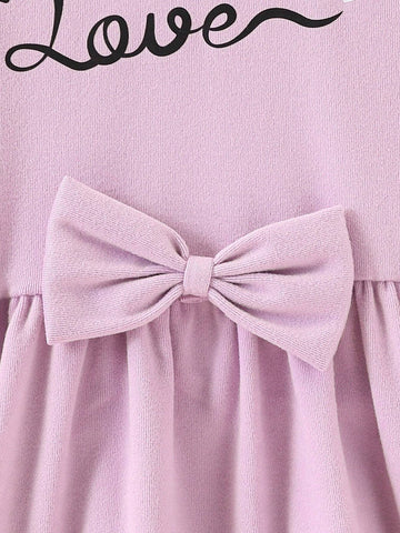Young Girl Casual Slogan Print Bow Decor Long Sleeve Fleece Round Neck Dress