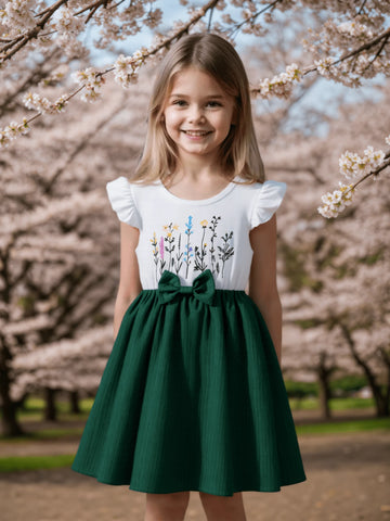 Young Girl Casual Solid Color Knitted Floral Print Short Sleeve Round Neck Top With Bow & Striped Hem Dress, Summer