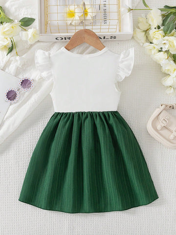 Young Girl Casual Solid Color Knitted Floral Print Short Sleeve Round Neck Top With Bow & Striped Hem Dress, Summer
