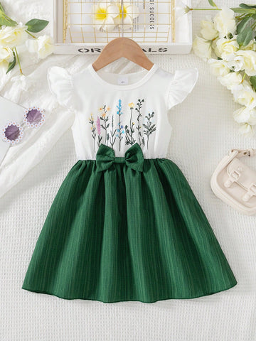 Young Girl Casual Solid Color Knitted Floral Print Short Sleeve Round Neck Top With Bow & Striped Hem Dress, Summer