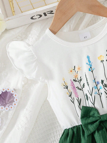 Young Girl Casual Solid Color Knitted Floral Print Short Sleeve Round Neck Top With Bow & Striped Hem Dress, Summer