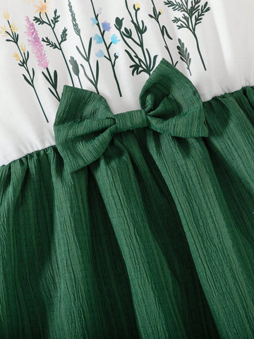 Young Girl Casual Solid Color Knitted Floral Print Short Sleeve Round Neck Top With Bow & Striped Hem Dress, Summer