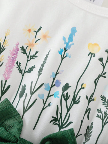 Young Girl Casual Solid Color Knitted Floral Print Short Sleeve Round Neck Top With Bow & Striped Hem Dress, Summer