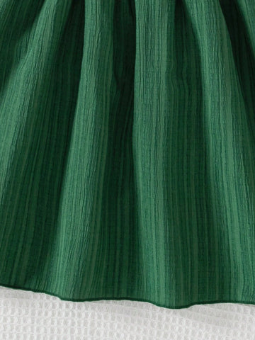 Young Girl Casual Solid Color Knitted Floral Print Short Sleeve Round Neck Top With Bow & Striped Hem Dress, Summer