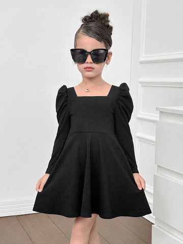 Young Girl Casual Solid Color Knitted Square Neck Long Sleeve Dress, Elegant For Princess Party
