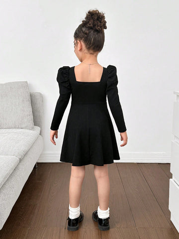 Young Girl Casual Solid Color Knitted Square Neck Long Sleeve Dress, Elegant For Princess Party