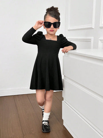 Young Girl Casual Solid Color Knitted Square Neck Long Sleeve Dress, Elegant For Princess Party