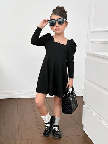 Young Girl Casual Solid Color Knitted Square Neck Long Sleeve Dress, Elegant For Princess Party