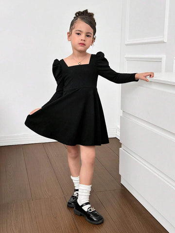 Young Girl Casual Solid Color Knitted Square Neck Long Sleeve Dress, Elegant For Princess Party