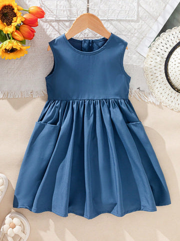 Young Girl' Casual Solid Color Pocket Round Neck Sleeveless Patchwork Dress, Suitable For Summer Vacation