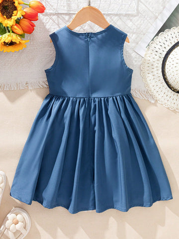 Young Girl' Casual Solid Color Pocket Round Neck Sleeveless Patchwork Dress, Suitable For Summer Vacation