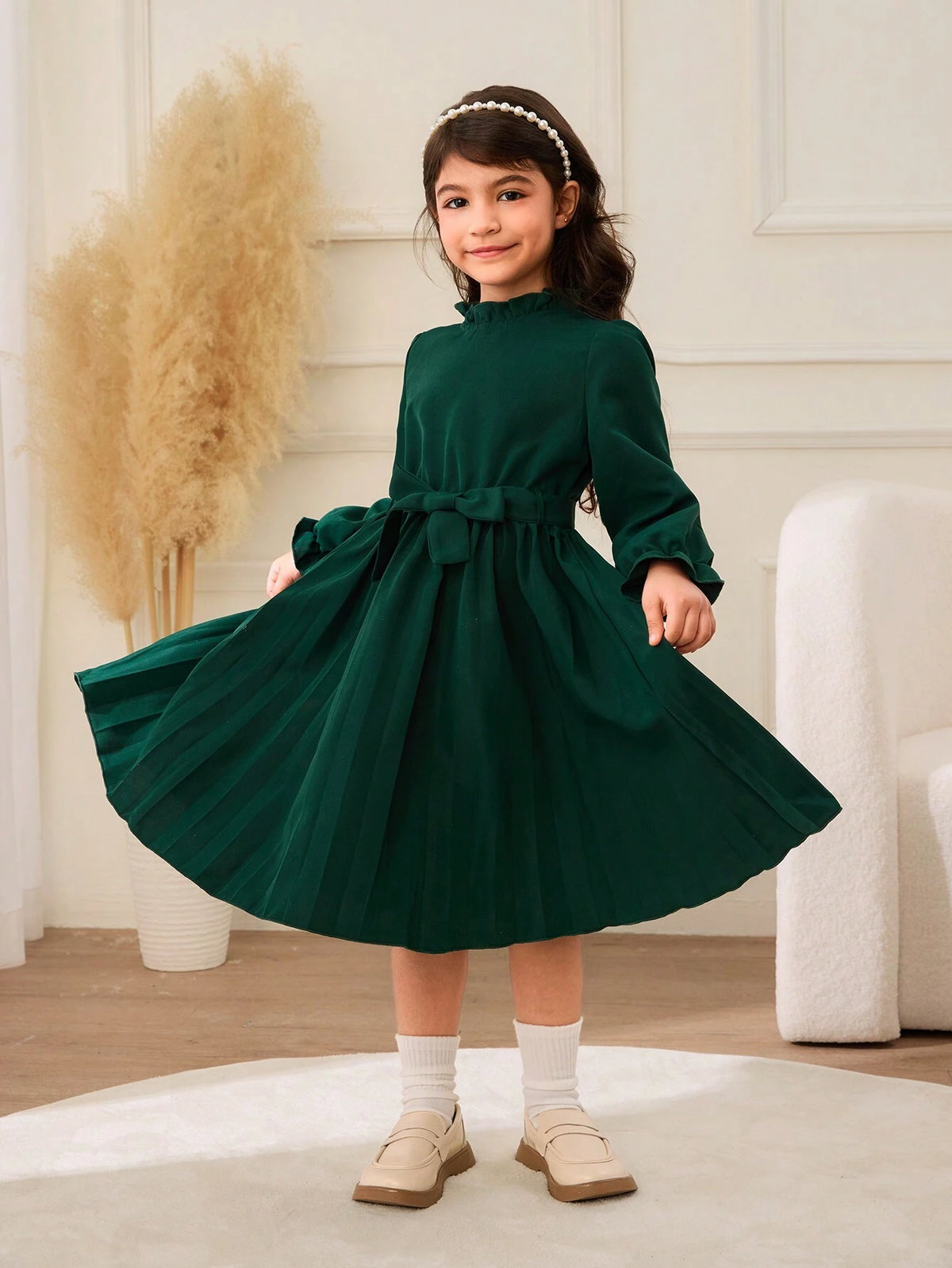 Young Girl Casual Solid Color Puff Sleeve Pleated Hem Dress, Autumn