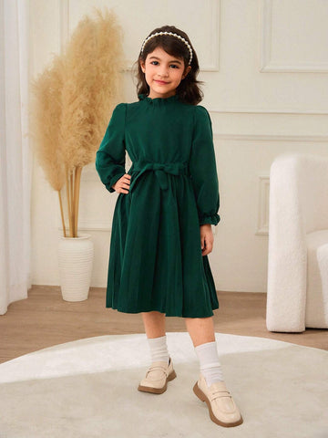 Young Girl Casual Solid Color Puff Sleeve Pleated Hem Dress, Autumn