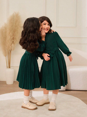 Young Girl Casual Solid Color Puff Sleeve Pleated Hem Dress, Autumn