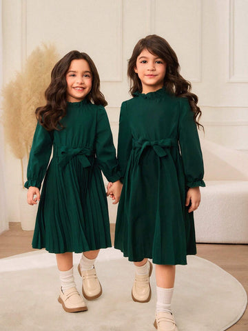 Young Girl Casual Solid Color Puff Sleeve Pleated Hem Dress, Autumn