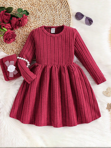 Young Girl Casual Solid Color Ribbed Knit Dress