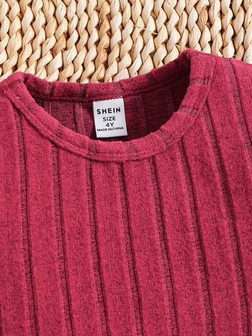 Young Girl Casual Solid Color Ribbed Knit Dress