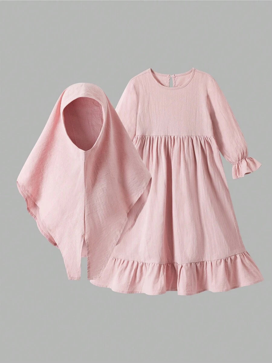 Young Girl Casual Solid Color Ruffle Trim Long Sleeve Dress
