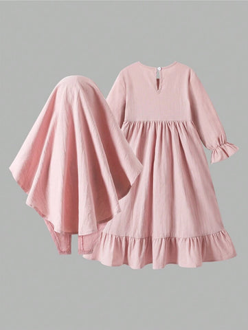 Young Girl Casual Solid Color Ruffle Trim Long Sleeve Dress