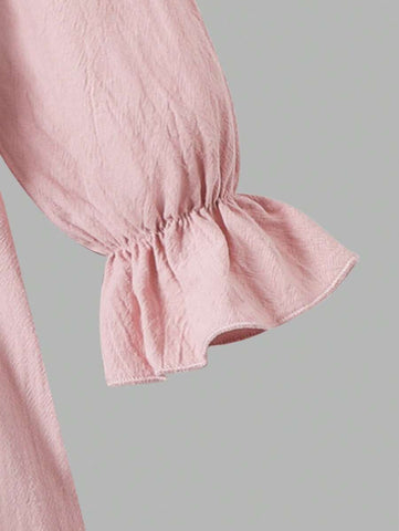 Young Girl Casual Solid Color Ruffle Trim Long Sleeve Dress