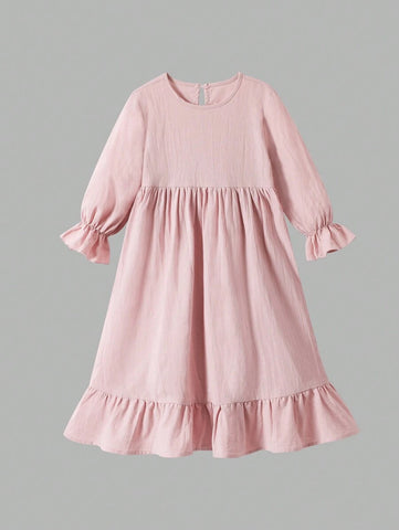 Young Girl Casual Solid Color Ruffle Trim Long Sleeve Dress