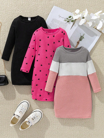 Young Girl' Casual Splice Color & Digital Heart Print Round Neck Long Sleeve Dress