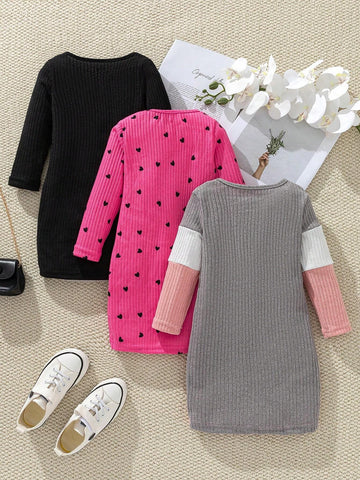Young Girl' Casual Splice Color & Digital Heart Print Round Neck Long Sleeve Dress