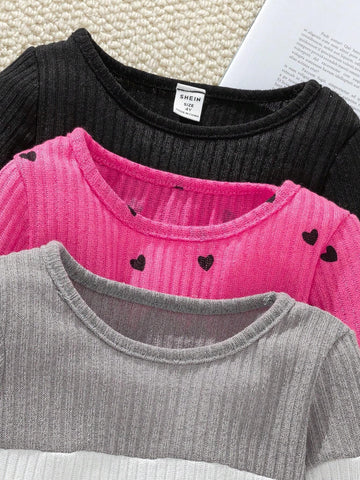 Young Girl' Casual Splice Color & Digital Heart Print Round Neck Long Sleeve Dress