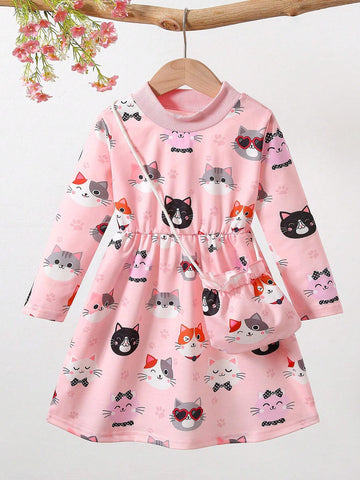 Young Girl Casual Sports Round Neck Long Sleeve Waist A-Line Cat Print Cartoon Autumn Dress With Matching Color Crossbody Bag