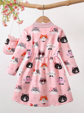 Young Girl Casual Sports Round Neck Long Sleeve Waist A-Line Cat Print Cartoon Autumn Dress With Matching Color Crossbody Bag