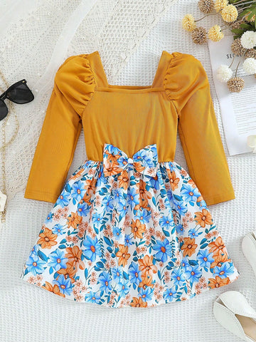 Young Girl Casual Square Neck Dropped Shoulder Long Sleeve Floral Print A-Line Waisted Dress, Autumn Winter