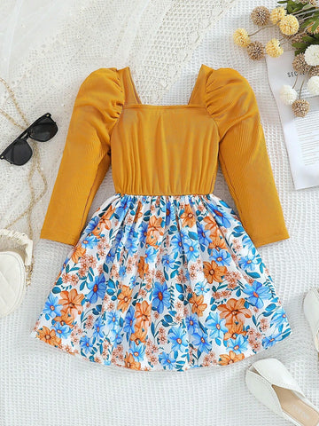 Young Girl Casual Square Neck Dropped Shoulder Long Sleeve Floral Print A-Line Waisted Dress, Autumn Winter