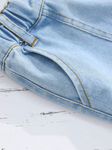 Young Girl Casual Straight Leg Washed Workwear Denim Pants