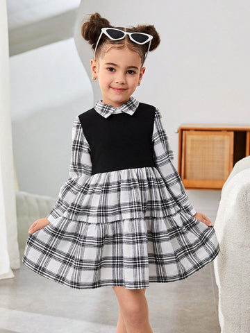 Young Girl Casual Street Style Black & White Plaid Patchwork Ruched Flared Hem Collar Long Sleeve Dress, Suitable For Autumn/Winter
