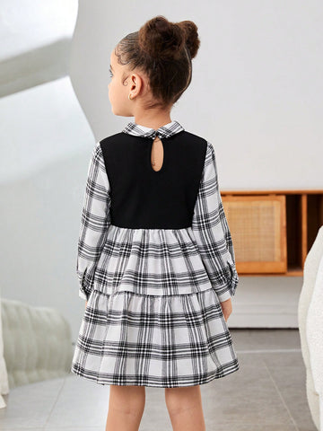 Young Girl Casual Street Style Black & White Plaid Patchwork Ruched Flared Hem Collar Long Sleeve Dress, Suitable For Autumn/Winter