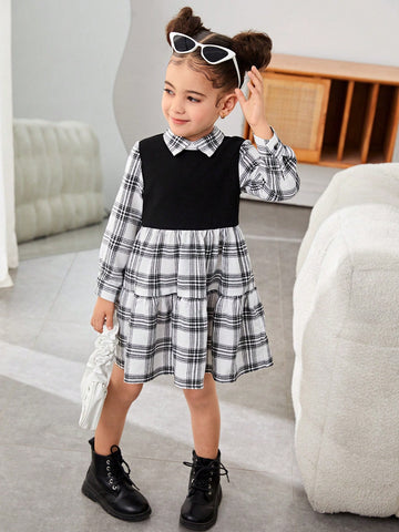 Young Girl Casual Street Style Black & White Plaid Patchwork Ruched Flared Hem Collar Long Sleeve Dress, Suitable For Autumn/Winter