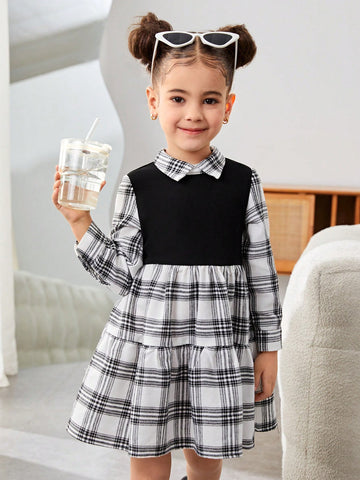 Young Girl Casual Street Style Black & White Plaid Patchwork Ruched Flared Hem Collar Long Sleeve Dress, Suitable For Autumn/Winter