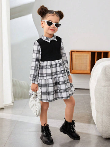 Young Girl Casual Street Style Black & White Plaid Patchwork Ruched Flared Hem Collar Long Sleeve Dress, Suitable For Autumn/Winter