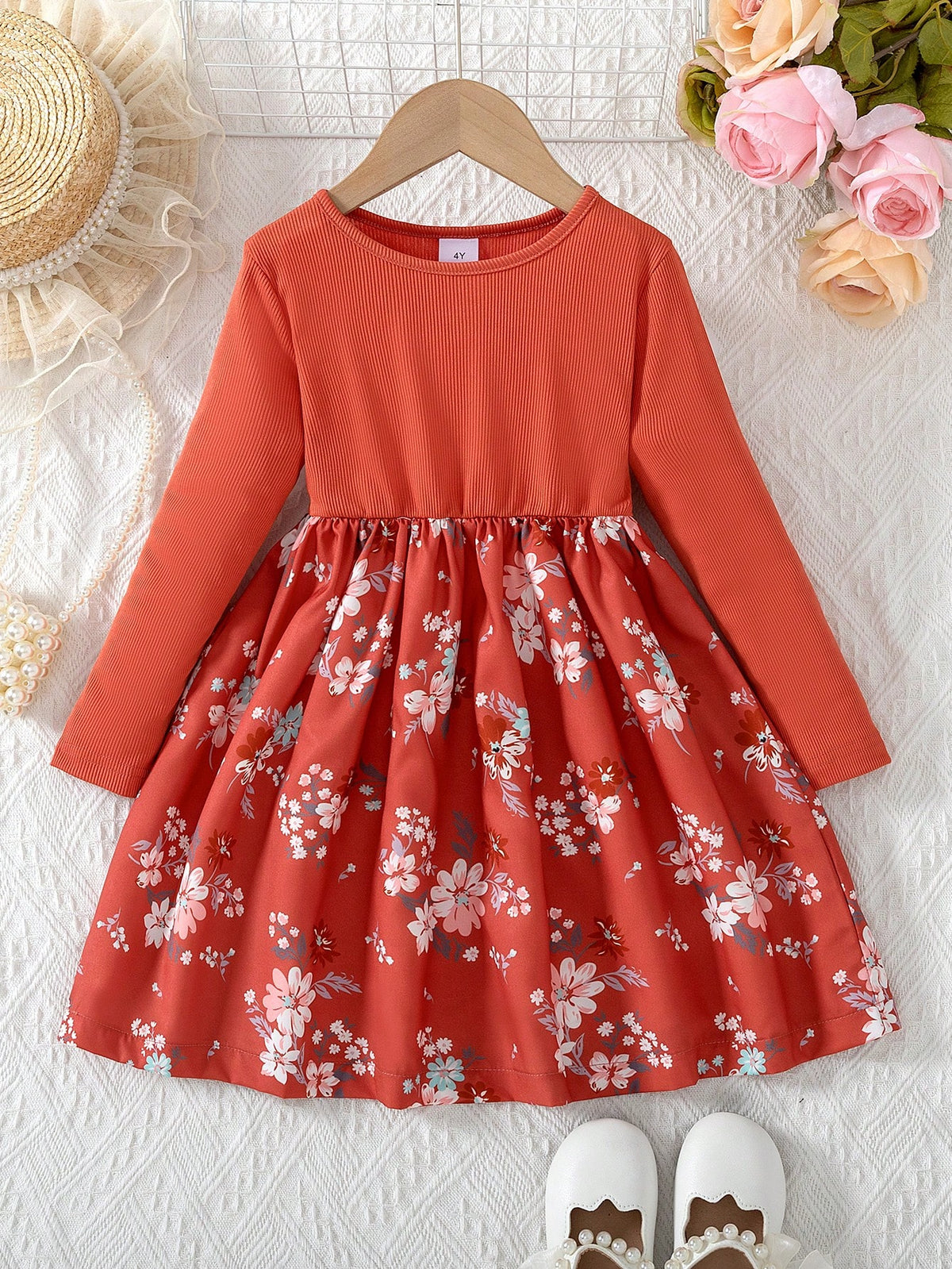 Young Girl Casual Striped Knit Straight Dress With Floral Print Skirt Panel, Round Neck Long Sleeve, Daily Wear, Spring/Autumn