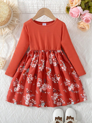 Young Girl Casual Striped Knit Straight Dress With Floral Print Skirt Panel, Round Neck Long Sleeve, Daily Wear, Spring/Autumn