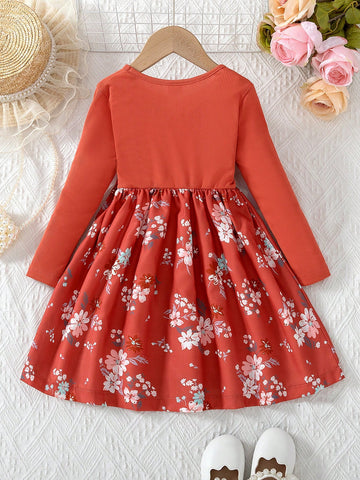 Young Girl Casual Striped Knit Straight Dress With Floral Print Skirt Panel, Round Neck Long Sleeve, Daily Wear, Spring/Autumn
