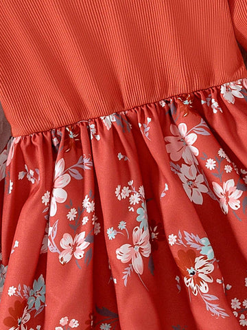 Young Girl Casual Striped Knit Straight Dress With Floral Print Skirt Panel, Round Neck Long Sleeve, Daily Wear, Spring/Autumn