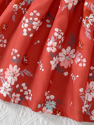 Young Girl Casual Striped Knit Straight Dress With Floral Print Skirt Panel, Round Neck Long Sleeve, Daily Wear, Spring/Autumn
