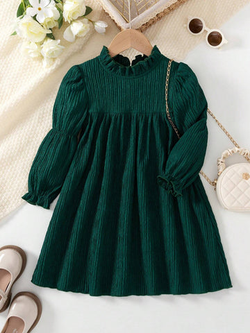 Young Girl Casual Striped Textured Drawstring Long Sleeve Ruffle Collar Straight Dress, Spring/Summer
