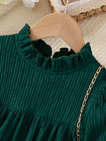 Young Girl Casual Striped Textured Drawstring Long Sleeve Ruffle Collar Straight Dress, Spring/Summer