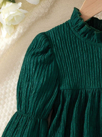 Young Girl Casual Striped Textured Drawstring Long Sleeve Ruffle Collar Straight Dress, Spring/Summer