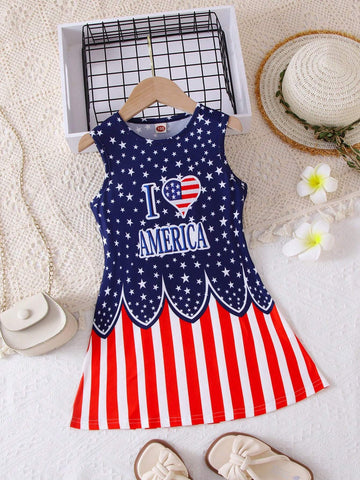 Young Girl Casual Style Star And Stripe Patterned Dress With "I Love America" Slogan, Suitable For Independence Day And Summer