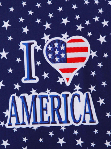 Young Girl Casual Style Star And Stripe Patterned Dress With "I Love America" Slogan, Suitable For Independence Day And Summer