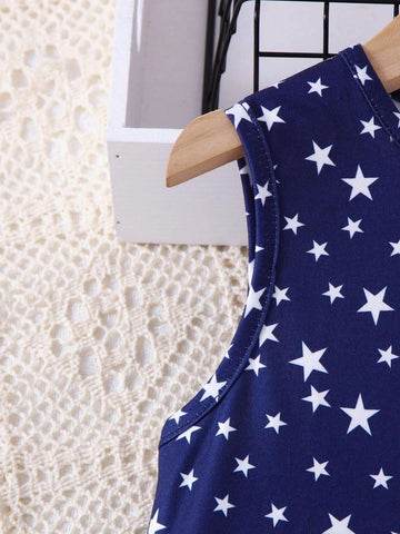 Young Girl Casual Style Star And Stripe Patterned Dress With "I Love America" Slogan, Suitable For Independence Day And Summer